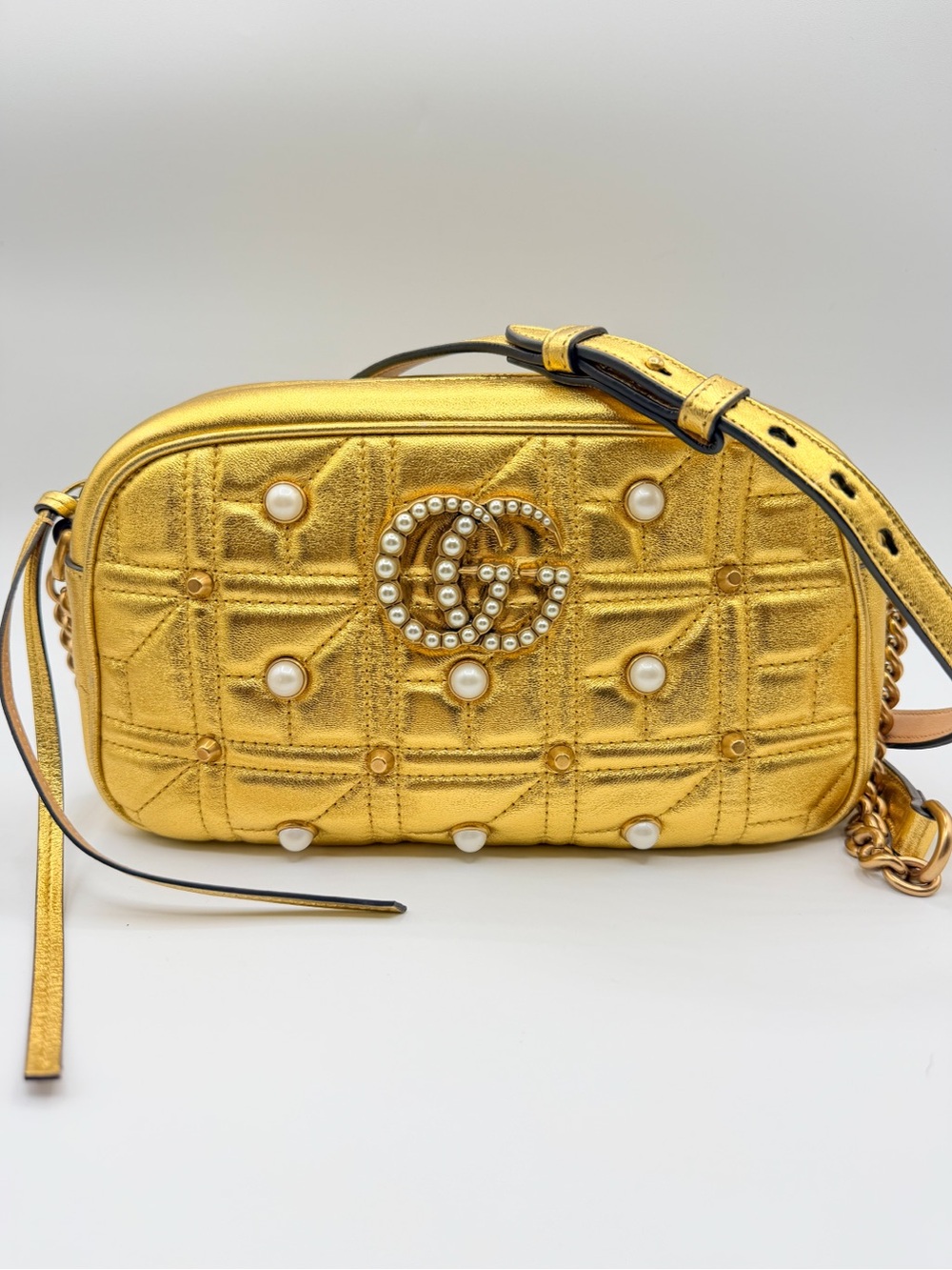 Gucci Metallic Gold Quilted Pearl-Embellished Crossbody Bag